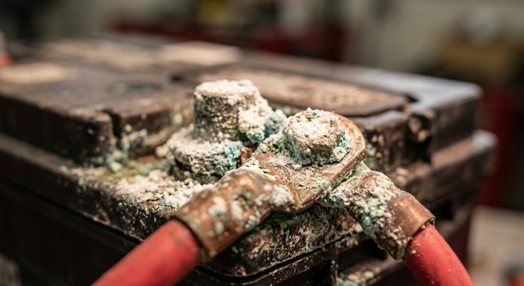 Corroded battery terminal with white and green deposits