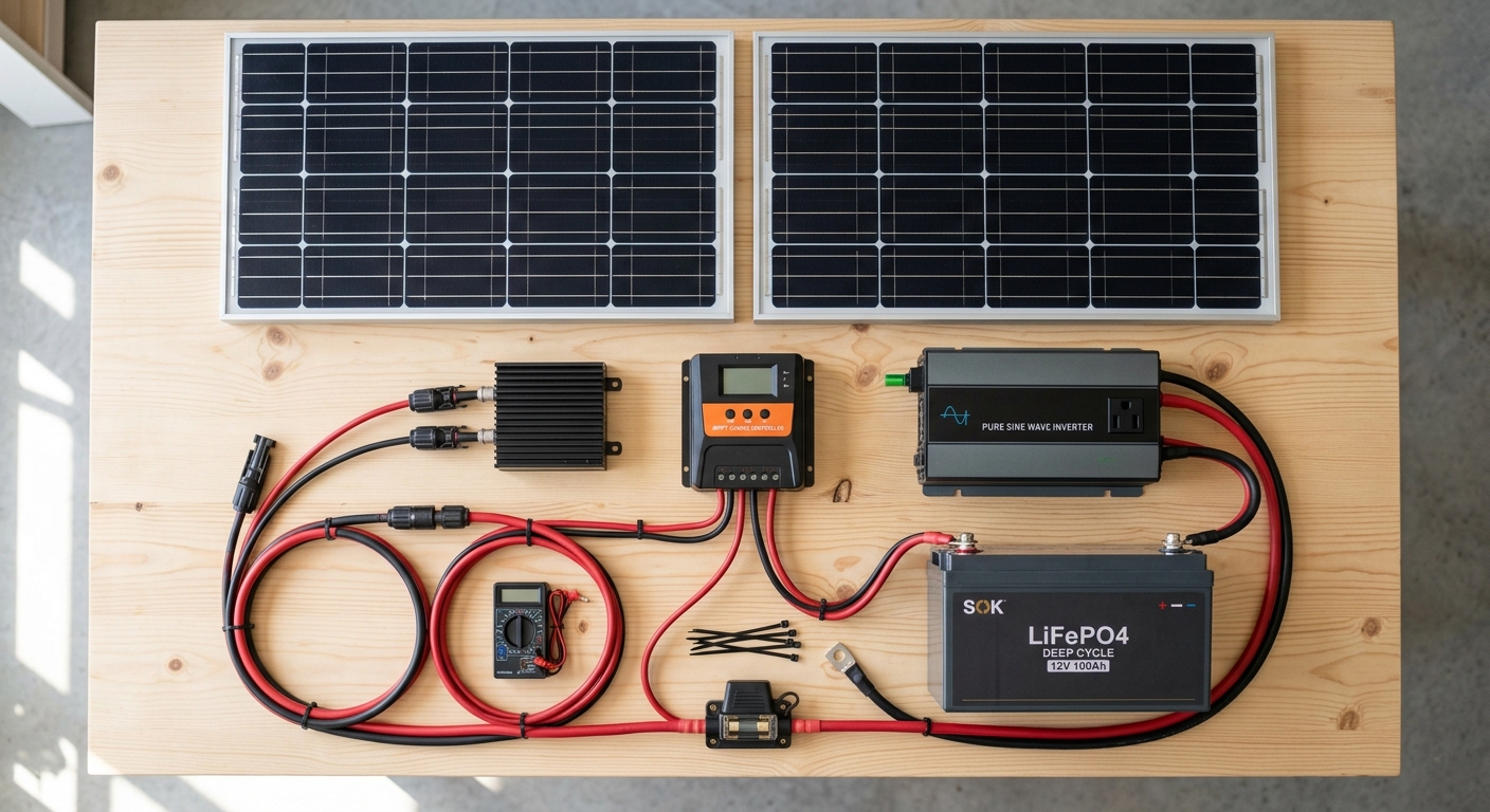 Complete solar panel kit with battery, inverter and charge controller on a workbench