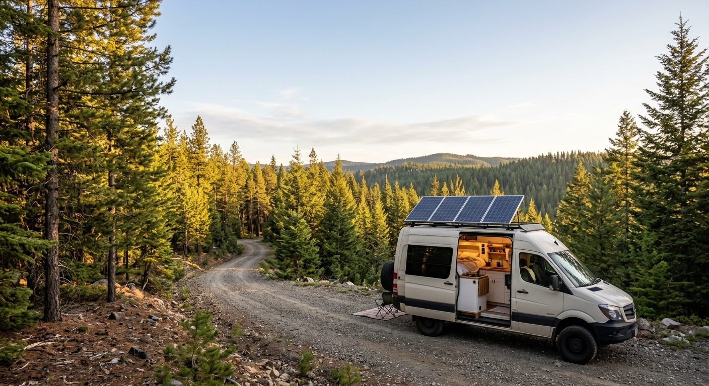Camper van with four solar panels on the roof parked in a pine forest