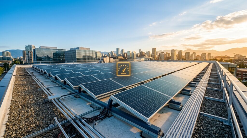 Rooftop solar panels producing energy under a bright sky