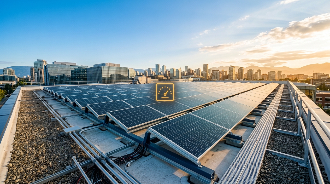 Rooftop solar panels producing energy under a bright sky