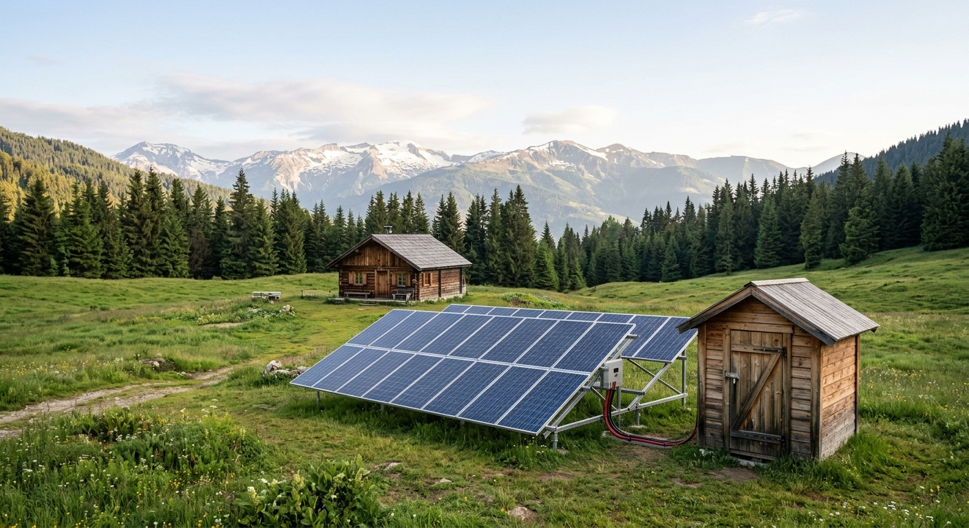 Off-grid wooden cabin in the mountains with a ground-mounted solar array