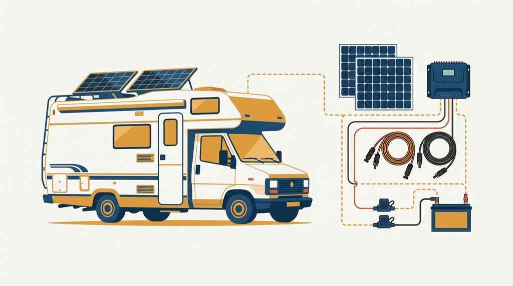 RV solar kit components laid out in front of a camper van with roof solar panels