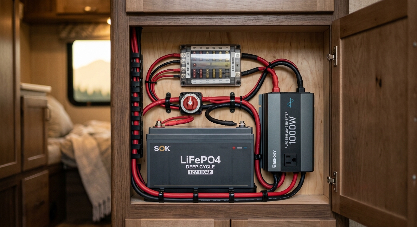 LiFePO4 battery, inverter and fuse block installed inside a camper van cabinet