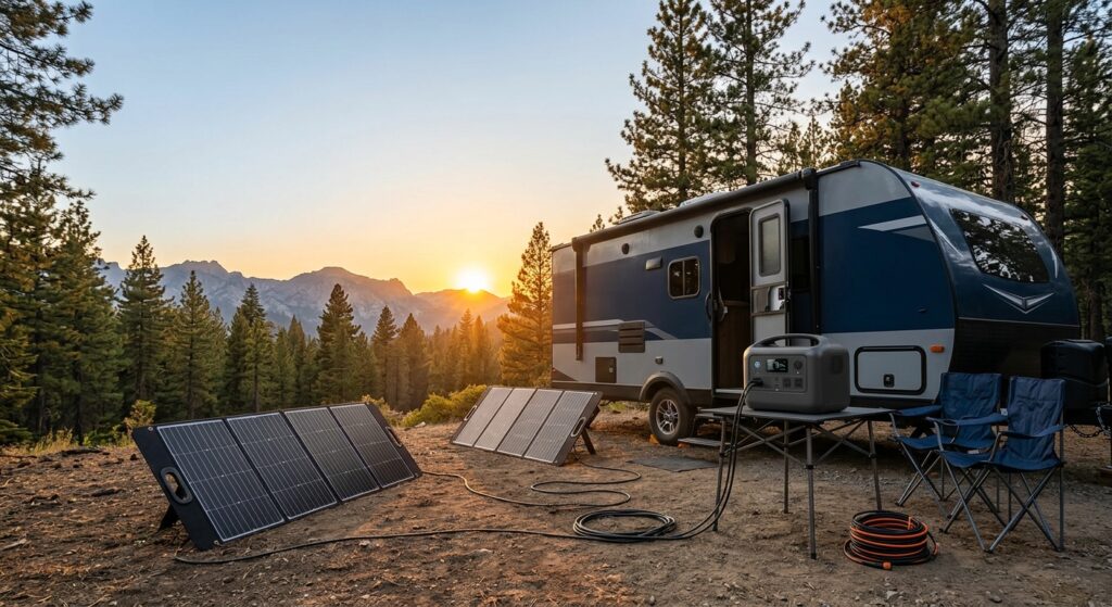Portable solar generator and folding solar panels set up beside an RV at a campsite