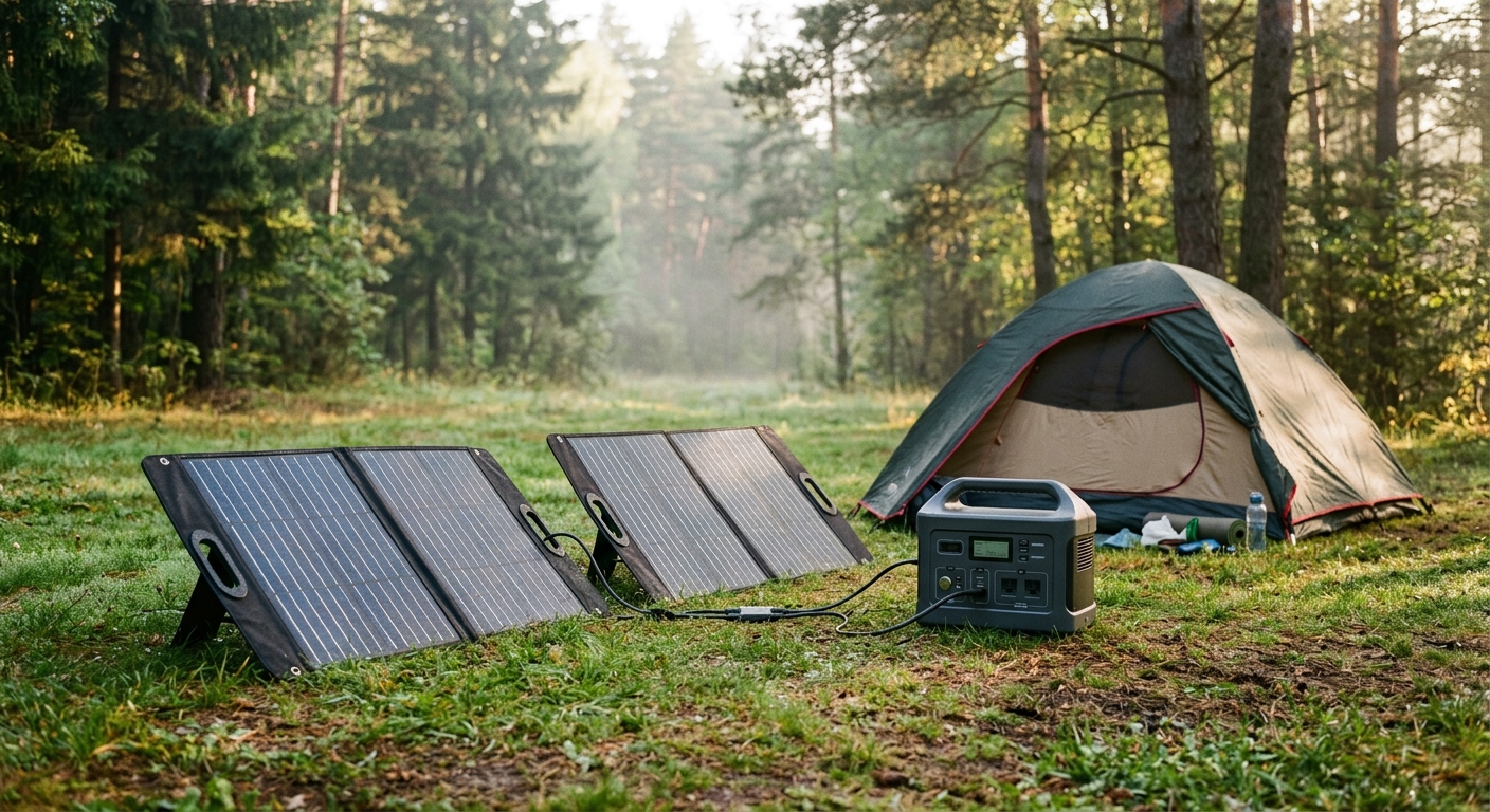 Portable folding solar panels connected to a power station beside a tent