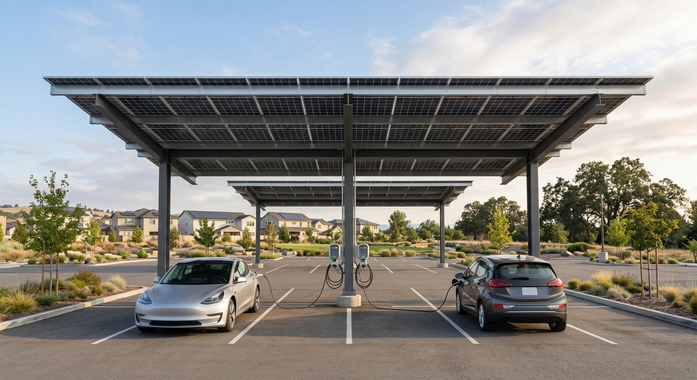 Solar carport covering electric vehicle charging stations with cars plugged in