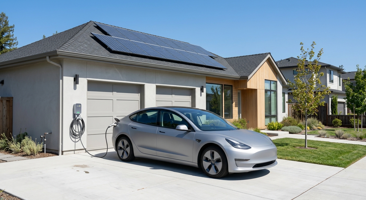 Electric car charging at a home wall charger with solar panels on the roof