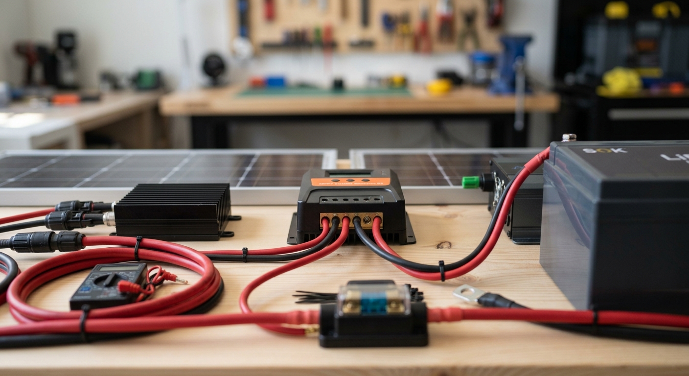 MPPT solar charge controller with lit display and red and black cables