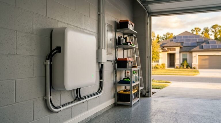 Home battery installed in a garage with rooftop solar panels, home batteries in 2027