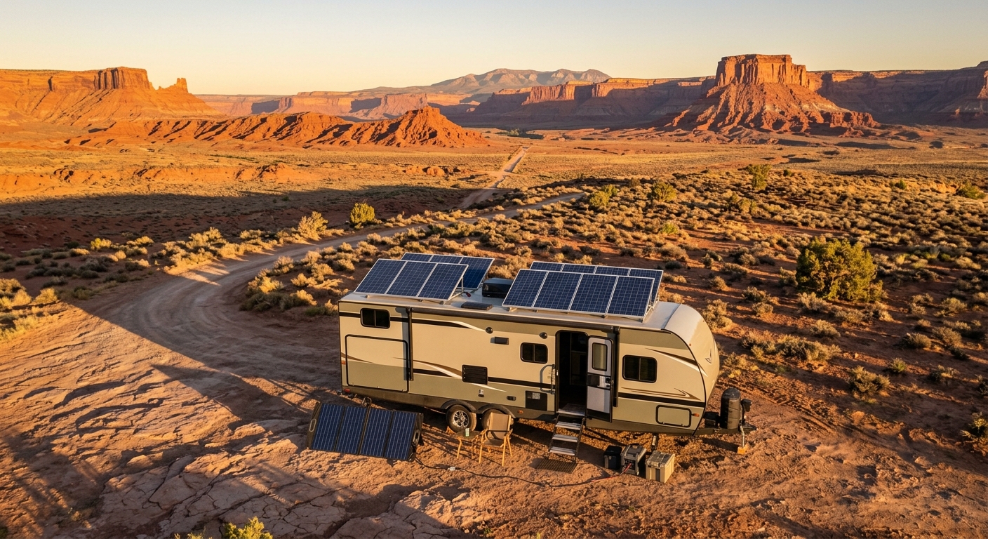 Aerial view of a motorhome with roof solar panels parked on a desert track