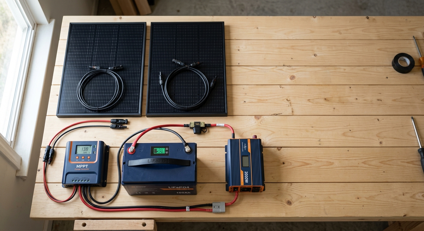 Complete solar panel kit with battery and inverter laid out before installation