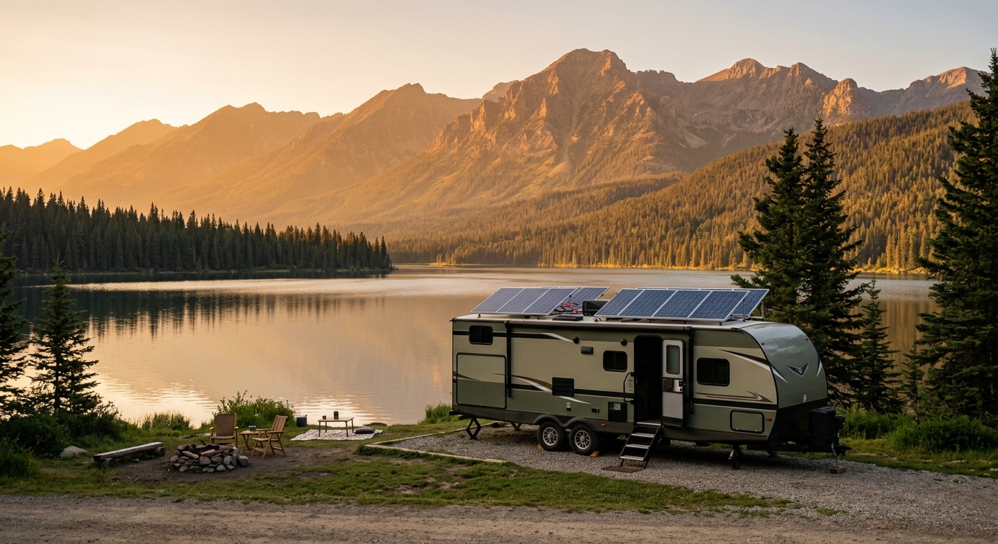 RV with solar panels on the roof parked at a lakeside campsite