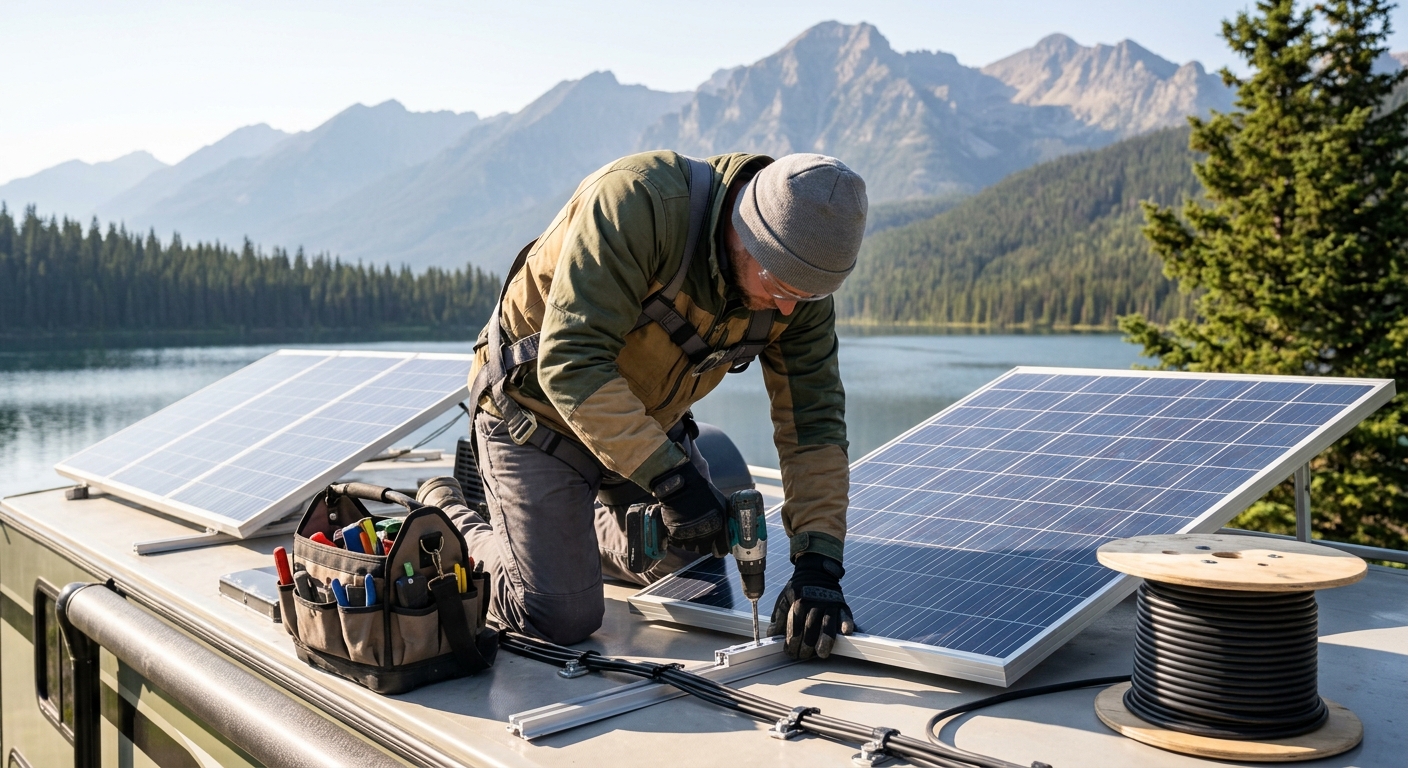 Solar technician installing a solar panel on the roof of a camper van