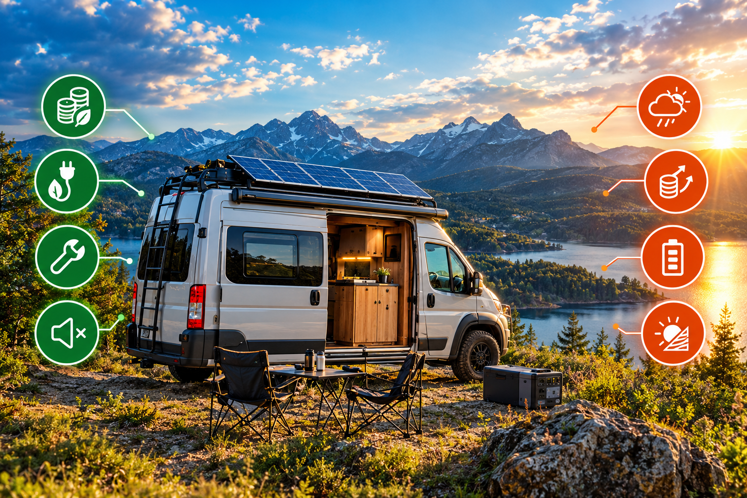 Camper van with rooftop solar panels in a mountain setting, illustrating the advantages and disadvantages of solar energy.