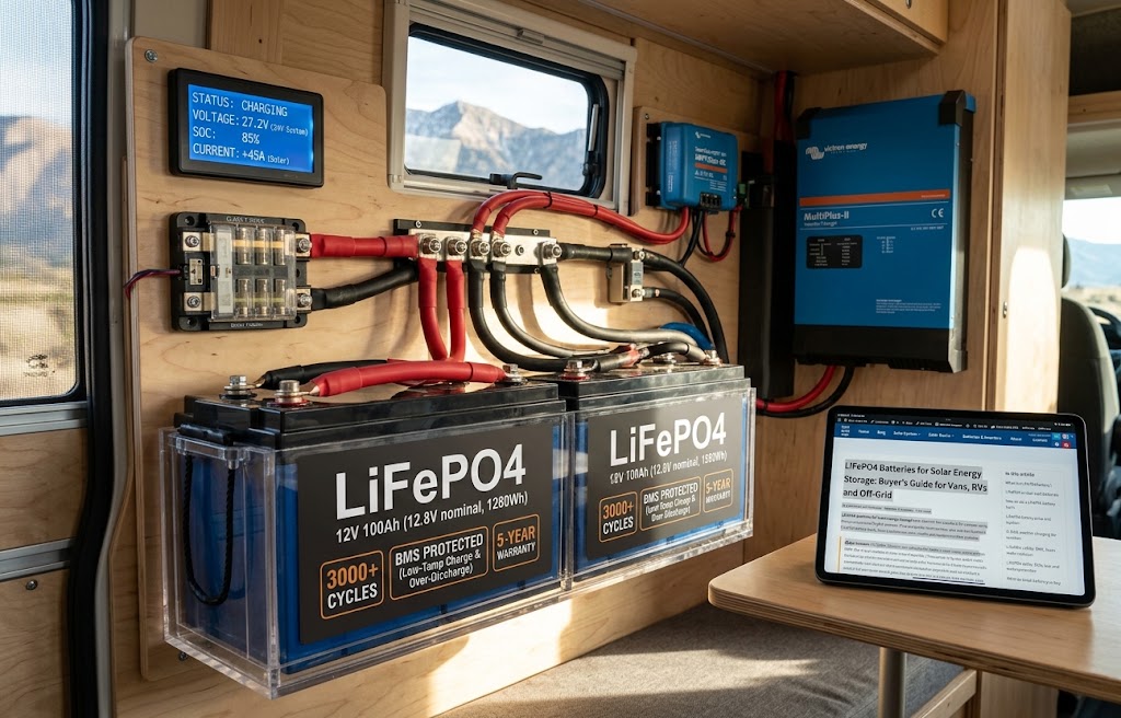 Installation électrique solaire en 12V dans un van aménagé montrant deux batteries LiFePO4 transparentes, un onduleur Victron et un écran de contrôle de charge.